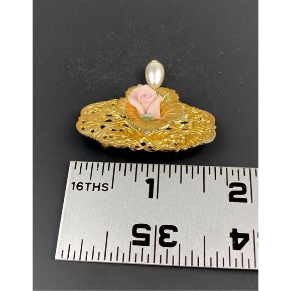 Romantic Porcelain Pink Rose Filigree Dangle Pearl Brooch Pin DT1834 - Picture 3 of 4